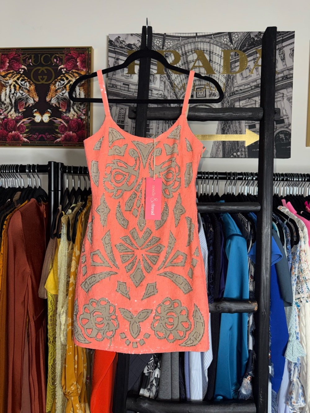 Needle & Thread Coral Sequin Engrave Mini Dress Spaghetti Strap Womens 2 New NWT